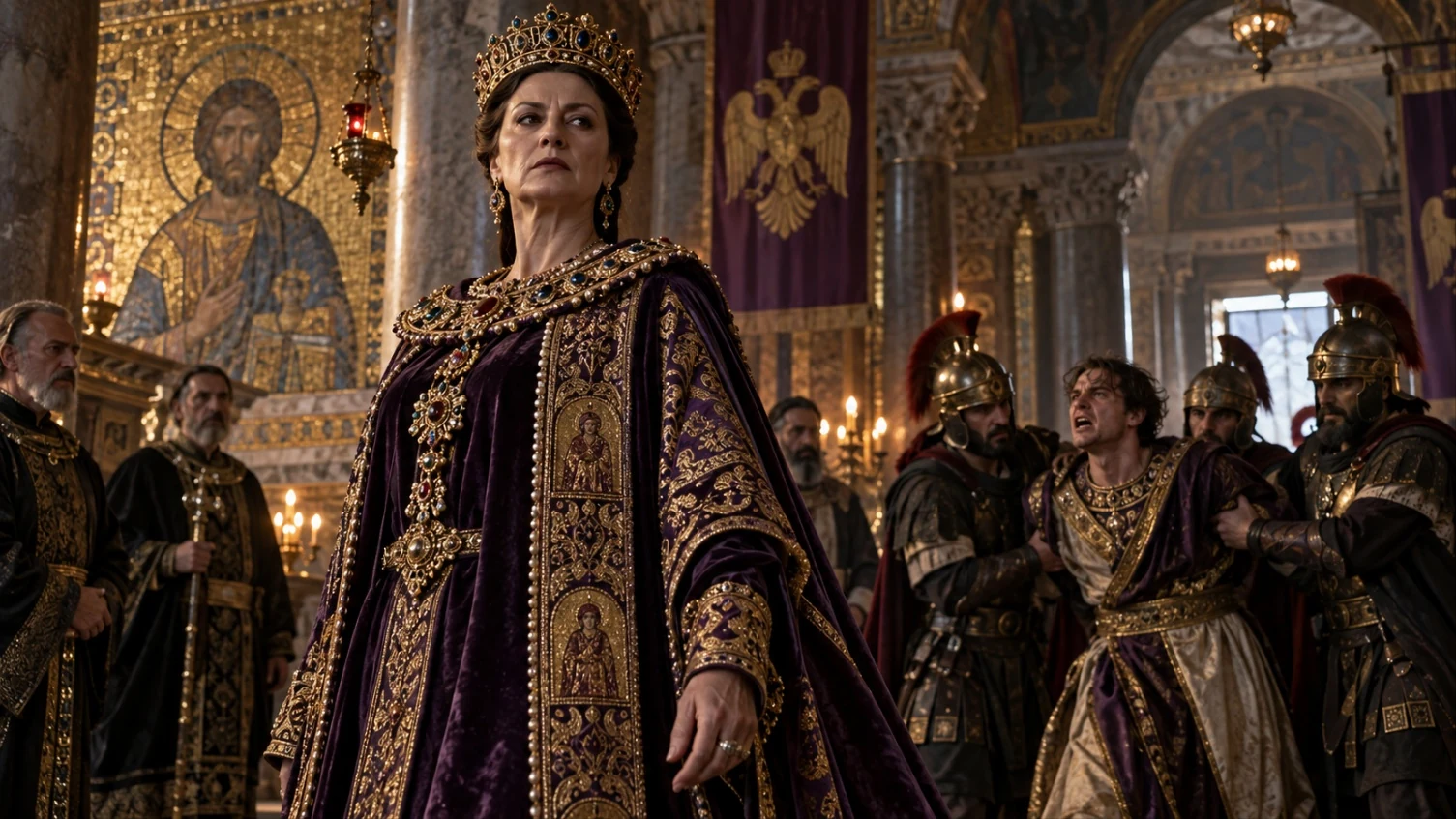 A Byzantine empress seated at court among officials